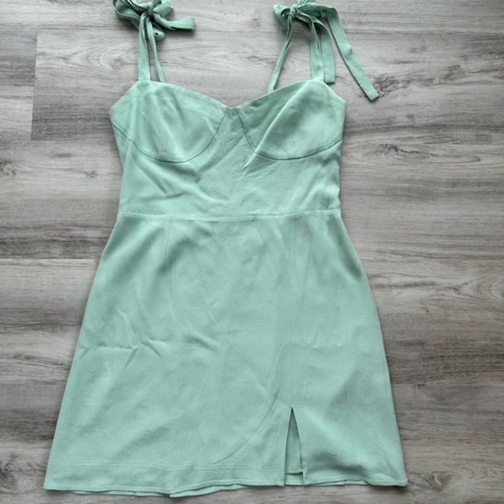 WAYF Sage Green Mini Dress Tie Strap Smocked Back Slit Soft Girl Size Small NWT - Picture 2 of 6